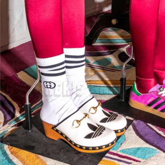 GUCCI x Adidas 38EU- 8US white Leather Trefoil logo GG platform Mule Clogs shoes - Picture 12 of 14